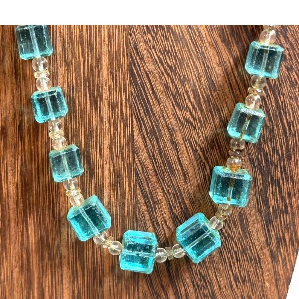 Vintage Aqua Blue & Clear Glass Beaded Graduated Necklace 28" Square Beads Teal